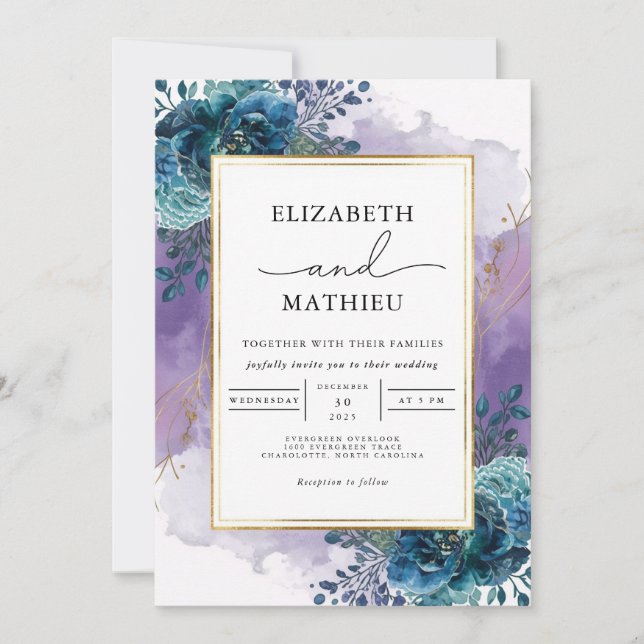 Invitation Mariage d'aquarelle Turquoise profonde (Devant)