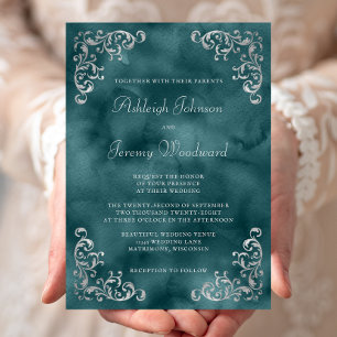 Invitation Mariage d'aquarelle Turquoise vintage Silver