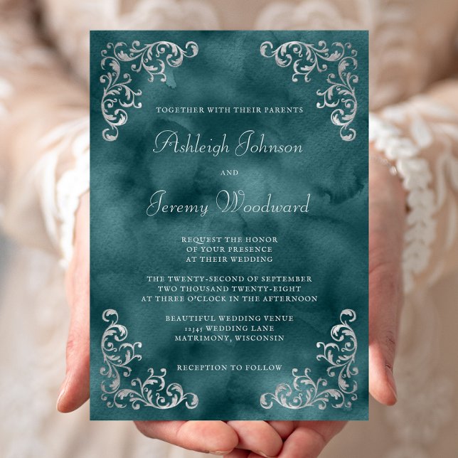 Invitation Mariage d'aquarelle Turquoise vintage Silver (Créateur téléchargé)