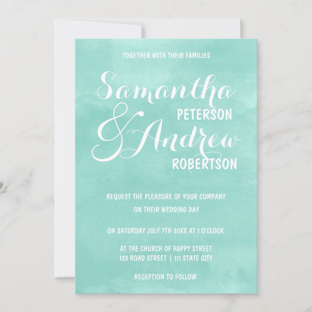 Invitation Mariage d'aquarelle vert aqua moderne (Devant)