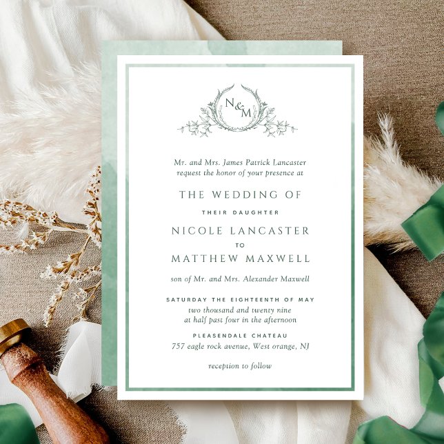 Invitation Mariage d'aquarelle vert de monogramme (Créateur téléchargé)