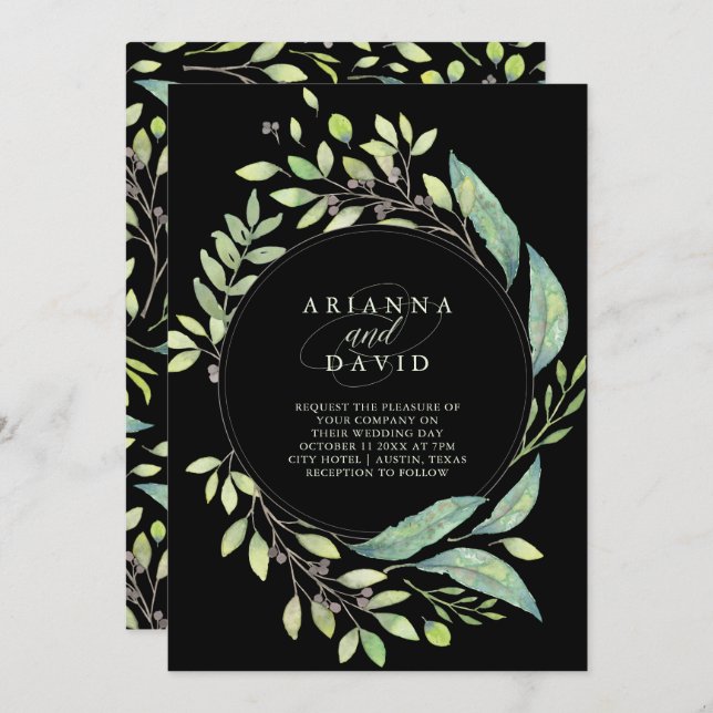 Invitation Mariage d'aquarelle vert feuilles | Black (Devant / Derrière)