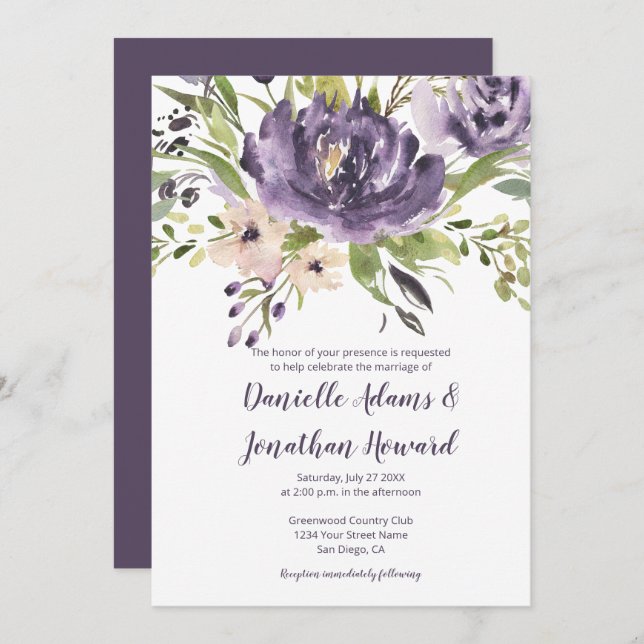 Invitation Mariage d'aquarelle vert violet Lavender (Devant / Derrière)