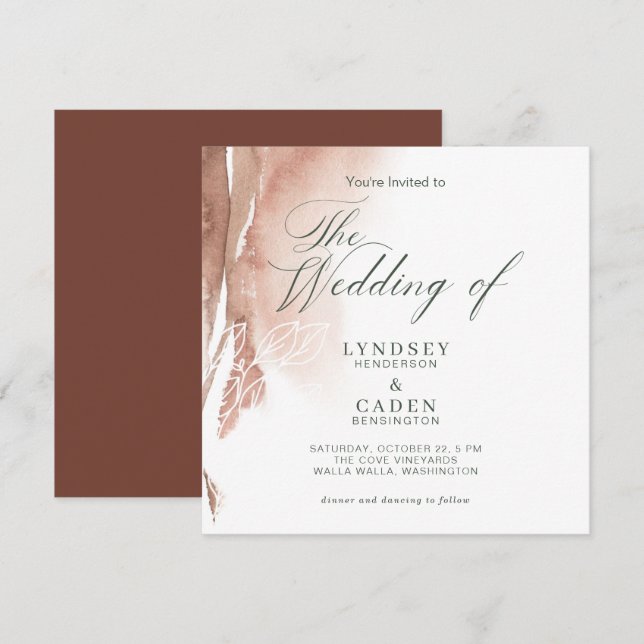 Invitation Mariage d'aquarelle verte de la forêt orange brûlé (Devant / Derrière)