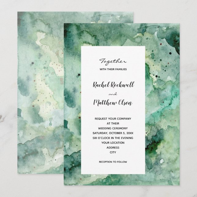 Invitation Mariage d'aquarelle verte moderne (Devant / Derrière)