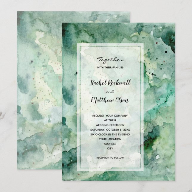 Invitation Mariage d'aquarelle verte moderne (Devant / Derrière)