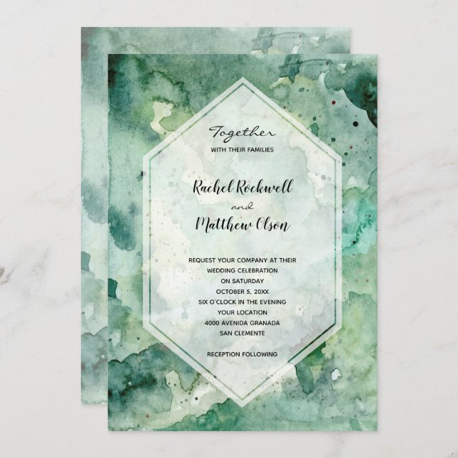 Invitation Mariage d'aquarelle verte moderne (Devant / Derrière)