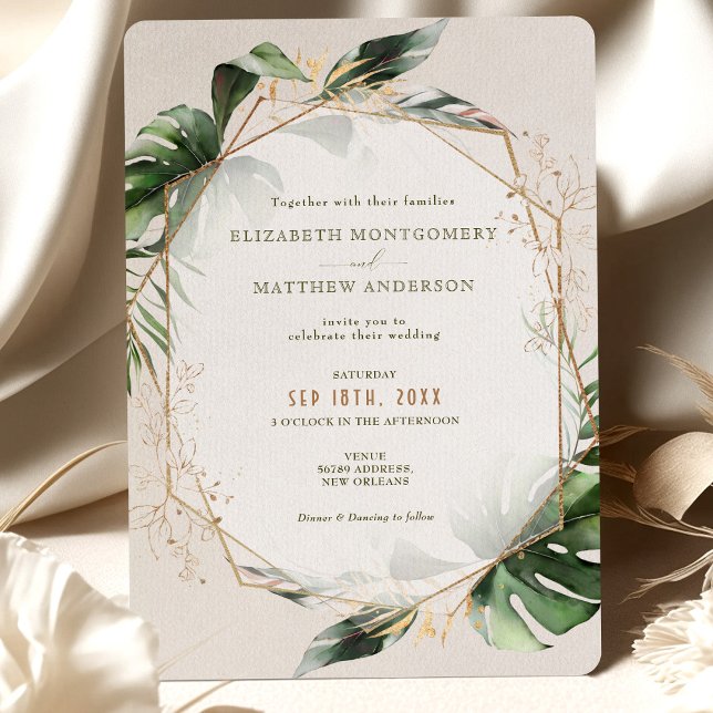 Invitation Mariage d'aquarelle verte Tropical Monstera Gold (Créateur téléchargé)