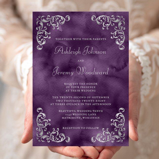 Invitation Mariage d'aquarelle vintage Silver Purple (Créateur téléchargé)