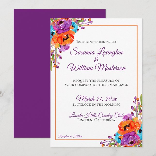 Invitation Mariage d'aquarelle violet turquoise orange (Devant / Derrière)