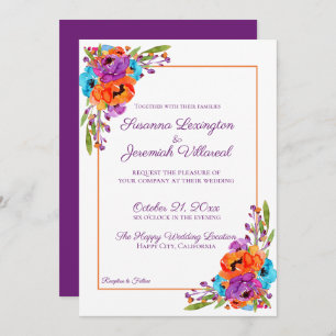Invitation Mariage d'aquarelle violet turquoise orange