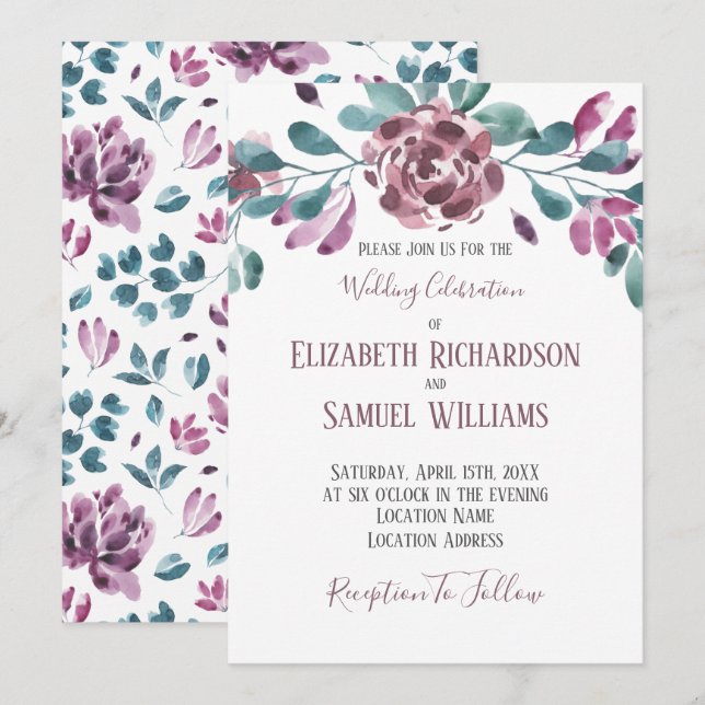 Invitation Mariage d'aquarelle violet violet Peony (Devant / Derrière)