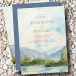 Invitation Mariage d'arbre à pin d'aquarelle du lac Mountain<br><div class="desc">Faire-part de mariage de montagne avec aquarelle pittoresque dans les tons bleu et vert poussiéreux. Le paysage au bord du lac comprend des montagnes, de la verdure et des pins, le lac et un ciel clair. Tout le texte est modifiable, y compris l'intro "rejoignez-nous dans les montagnes". Si vous souhaitez...</div>