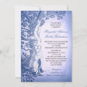 Invitation Mariage d'arbre d'amour rustique Vintage bleu pous