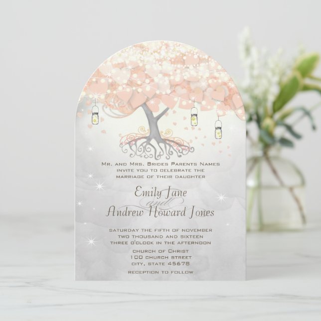 Invitation Mariage d'arbre de coeur de feuille rose pêche dan (Debout devant)