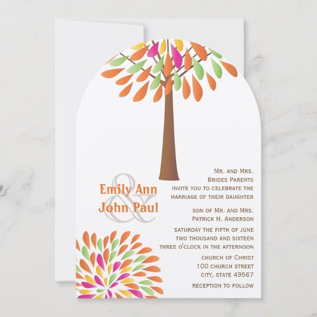 Invitation Mariage d'arbre moderne rose orange jaune vert (Devant)