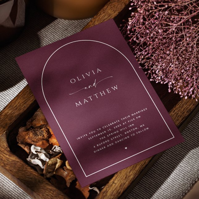 Invitation Mariage d'arc bordeaux foncé | Photo élégante + QR (Créateur téléchargé)