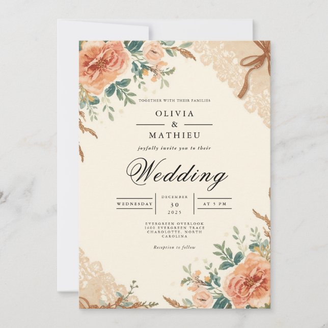 Invitation Mariage d'arc botanique en fleurs coupées (Devant)