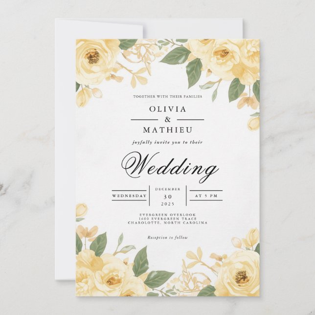 Invitation Mariage d'arc botanique en fleurs dorées (Devant)