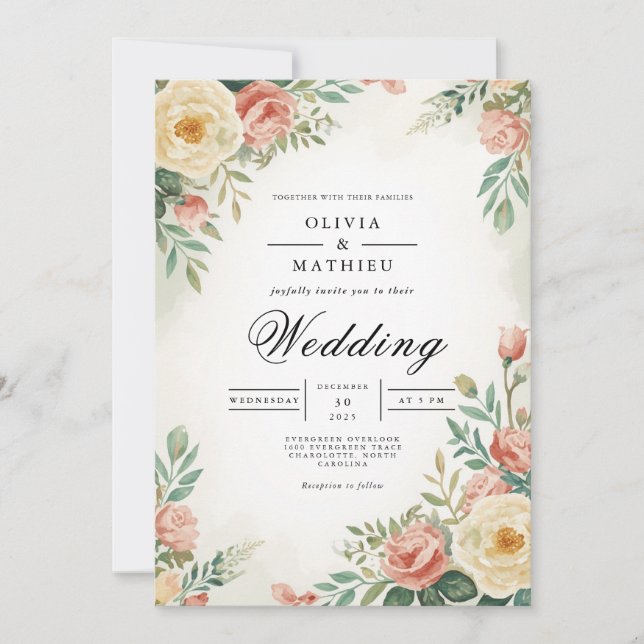 Invitation Mariage d'arc botanique Rose (Devant)