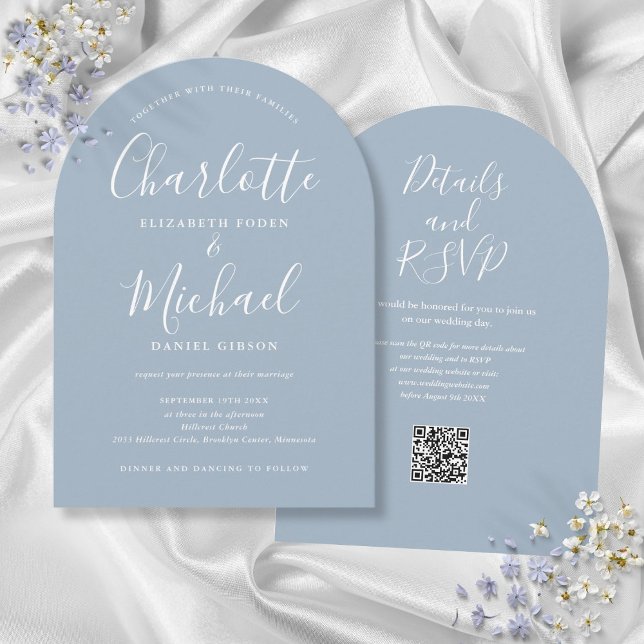 Invitation Mariage d'arc de code QR de script élégant bleu po (Dusty Blue Elegant Script QR Code Arch Wedding Invitation)