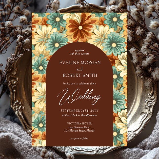 Invitation Mariage d'arc de fleurs super rétro (retro groovy colorful flowers wedding invitation)