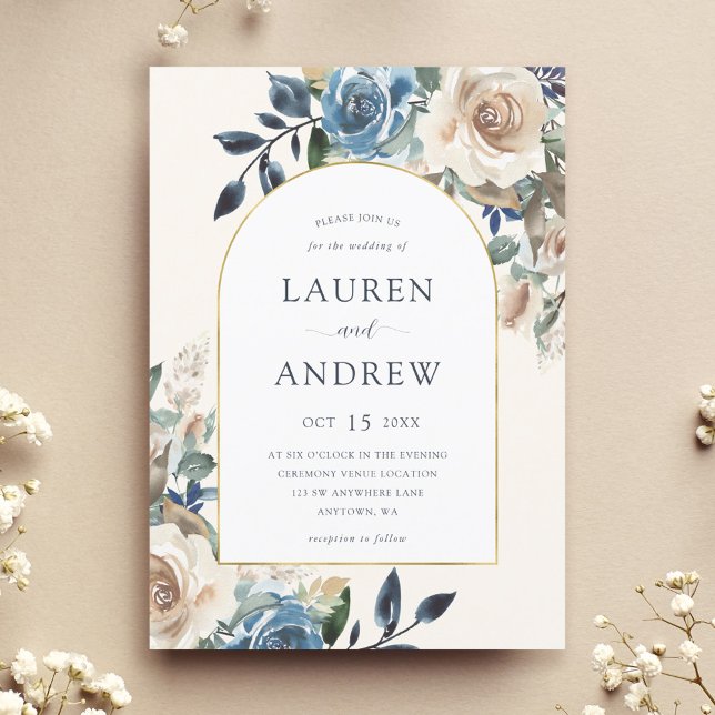Invitation Mariage d'arc d'or floral bleu de la Marine (Créateur téléchargé)