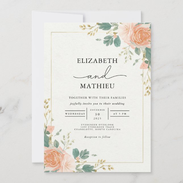 Invitation Mariage d'arc en fleur d'abricot doré (Devant)