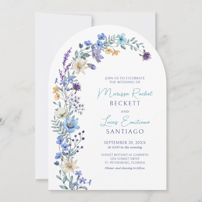 Invitation Mariage d'arc Fleur sauvage de lavande bleu Turquo (Devant)