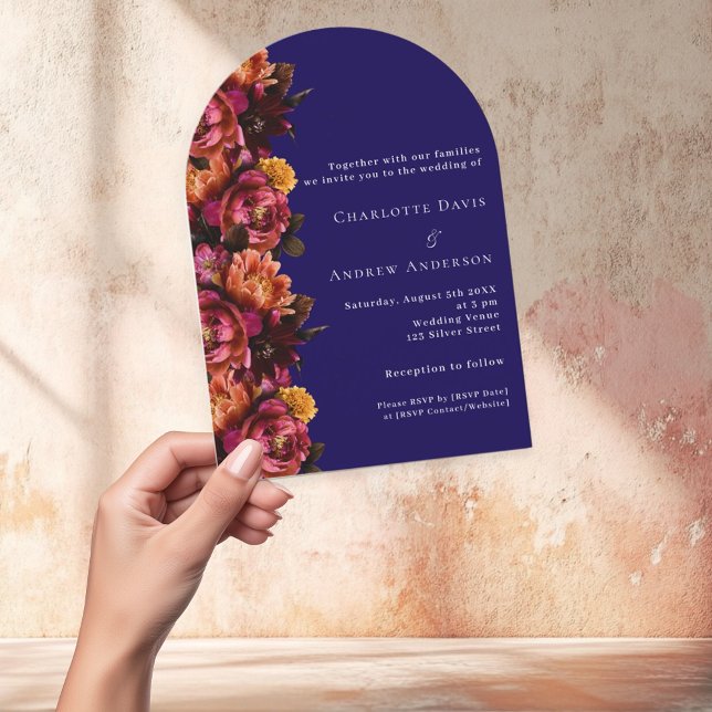 Invitation Mariage d'arc fleuri de pêche bleu marine de Bourg (Créateur téléchargé)