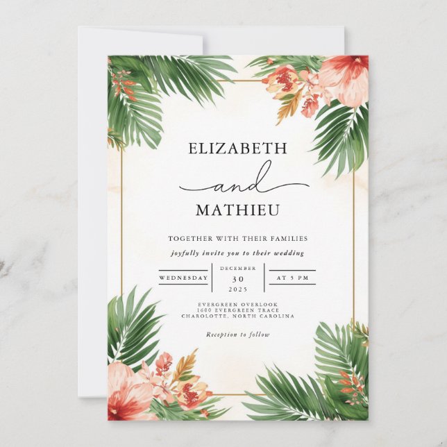 Invitation Mariage d'arc floral à feuilles tropicales (Devant)