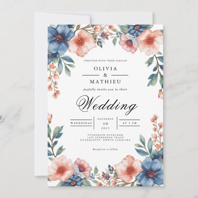 Invitation Mariage d'arc floral bleu coral (Devant)