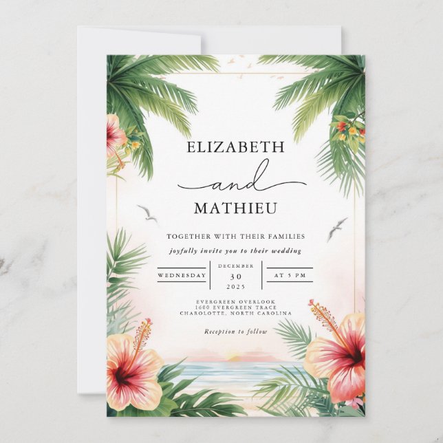 Invitation Mariage d'arc floral de palme tropicale (Devant)