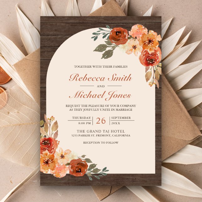 Invitation Mariage d'arc floral orange brulé en bois de grang (Créateur téléchargé)