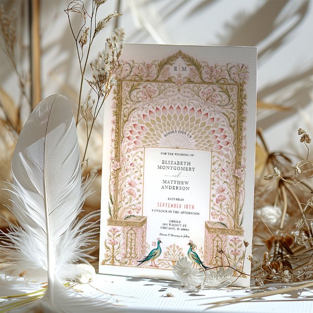 Invitation Mariage d'arc floral romantique avec Peacocks (Créateur téléchargé)