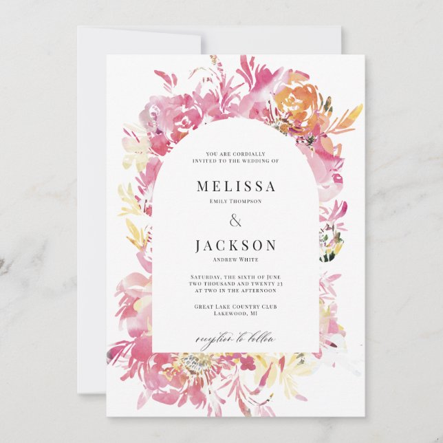 Invitation Mariage d'arche à fleurs rose et bleu (Devant)