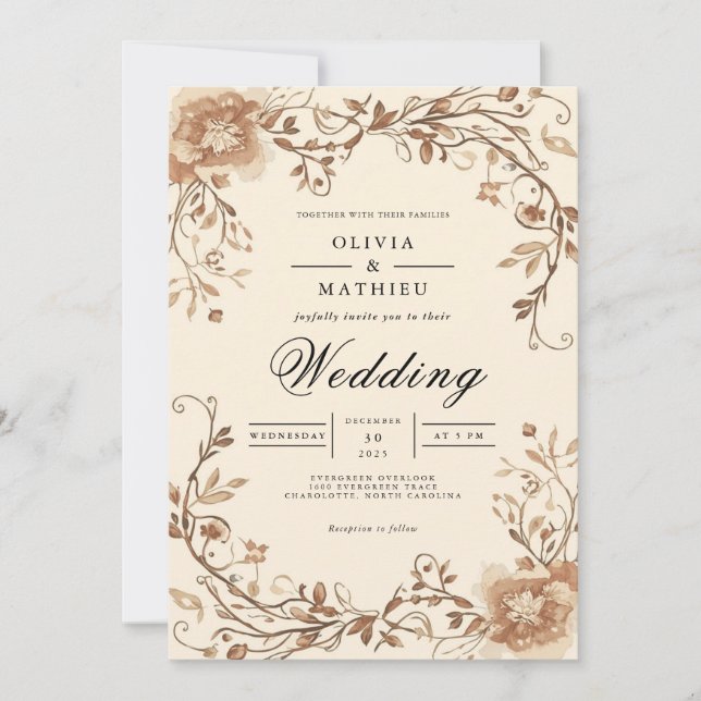 Invitation Mariage d'arche à rouleaux floraux Sepia (Devant)