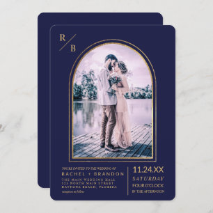 Invitation Mariage d'arche bleu marine simple or moderne