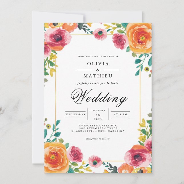 Invitation Mariage d'arche botanique corail et Rose (Devant)