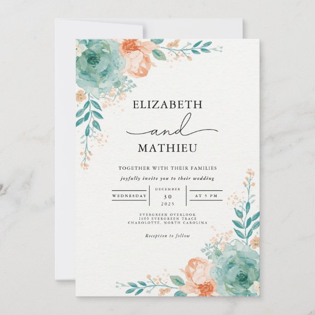 Invitation Mariage d'arche botanique Turquoise douce (Devant)