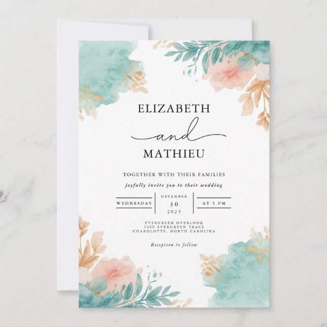Invitation Mariage d'arche de fleur d'aquarelle (Devant)