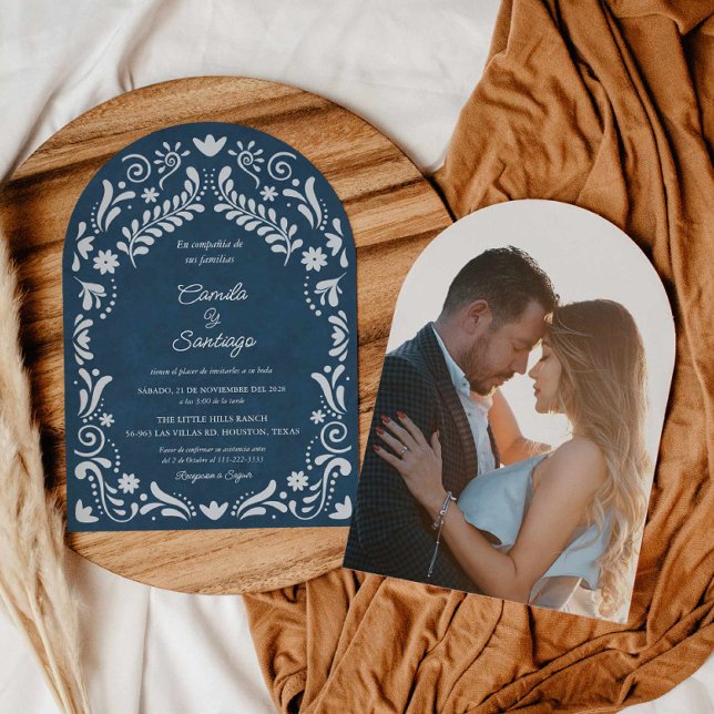 Invitation Mariage d'arche espagnol mexicain Blue Talavera (Blue Talavera Mexican Wedding Photo Arch Invitation)