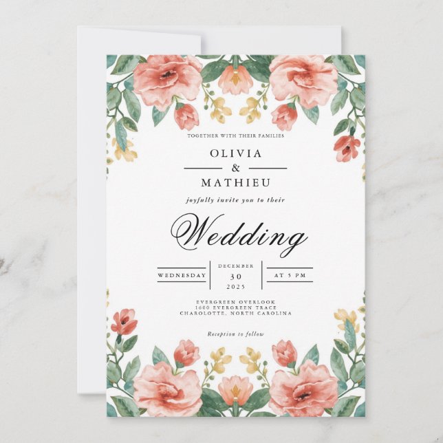 Invitation Mariage d'arche fleurie corail et vert (Devant)