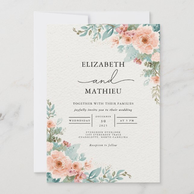 Invitation Mariage d'arche fleurie de corail doux (Devant)