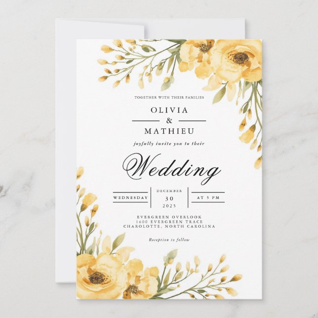 Invitation Mariage d'arche fleurie jaune or (Devant)
