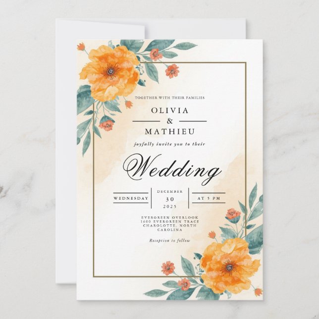 Invitation Mariage d'arche fleurie orange chaud (Devant)