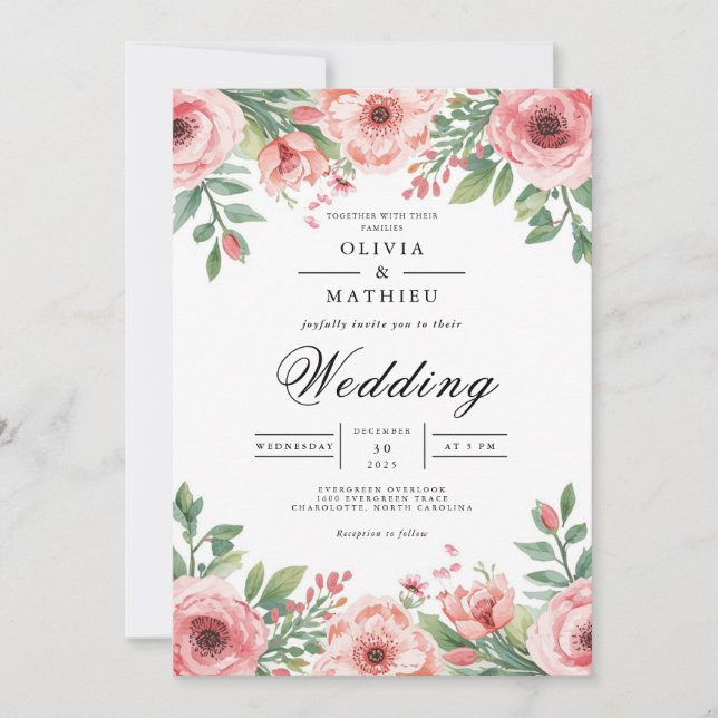 Invitation Mariage d'arche fleurie rose doux (Devant)