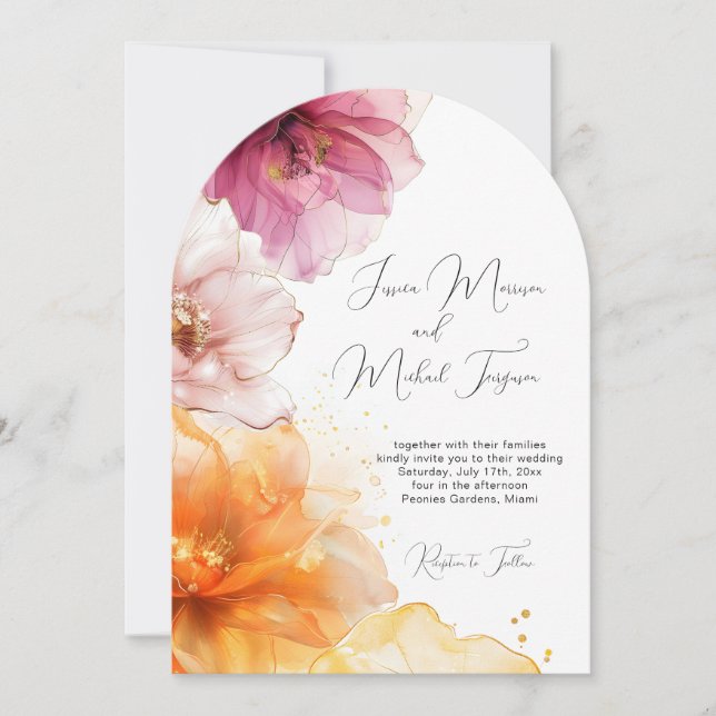 Invitation Mariage d'arche fleurie rose vibre (Devant)