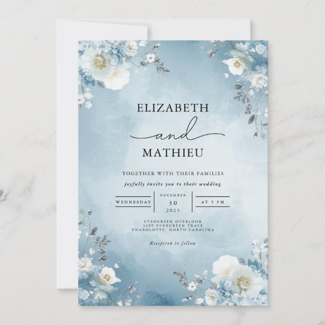 Invitation Mariage d'arche florale bleu doux (Devant)
