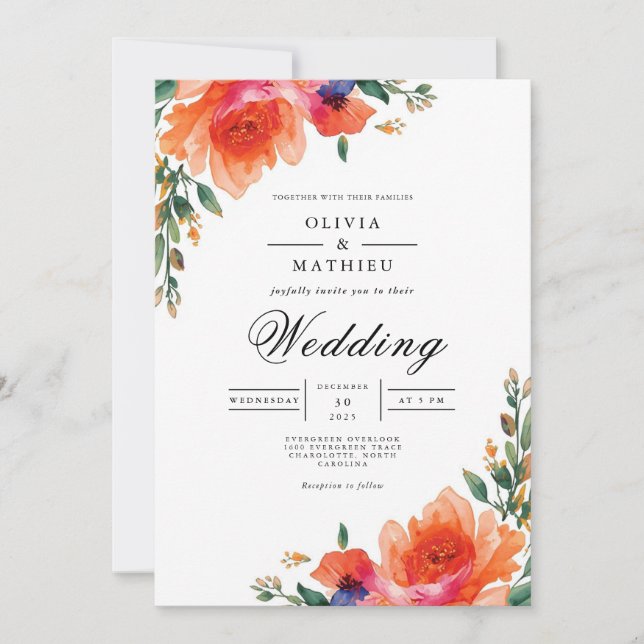 Invitation Mariage d'arche florale de corail (Devant)